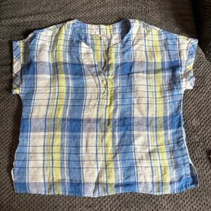 LL Bean‎ Signature Top Women M Plaid Linen Split Neck Gauze Novelty Short Sleeve